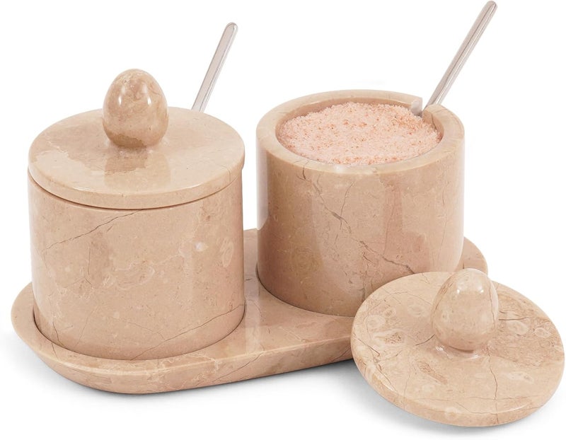 MARBLE RANGE Marble Salt Cellar with Lid and tray 4 Inch Verona Handmade Salt Container, Set of 2 Seasoning Jars, Spice Storage Containers for Kitchen Countertop, Sugar Bowl - Image 1